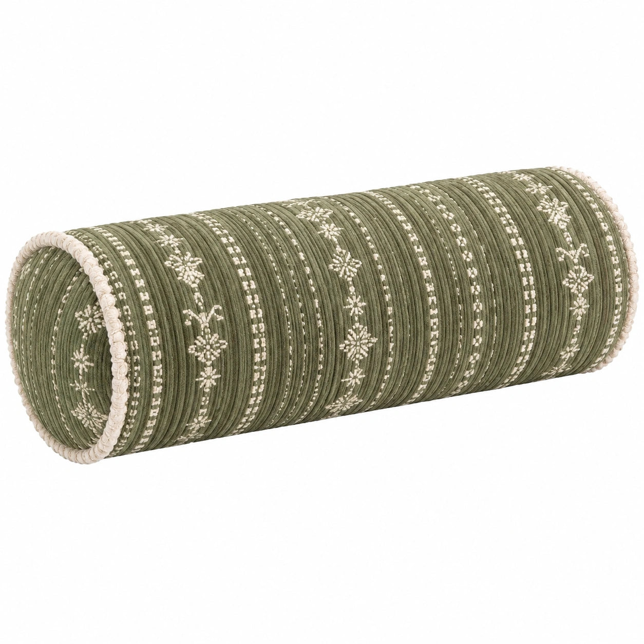 Nackenrolle 15 x 45 cm aus strukturiertem Textil in Grün Creme mit Blumenmuster