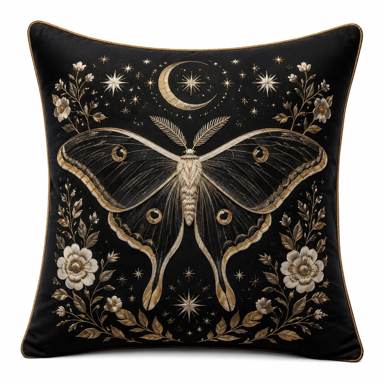 Dekokissen 45 x 45 cm Schwarz Gold mit Schmetterlingsmotiv und floraler Stickerei