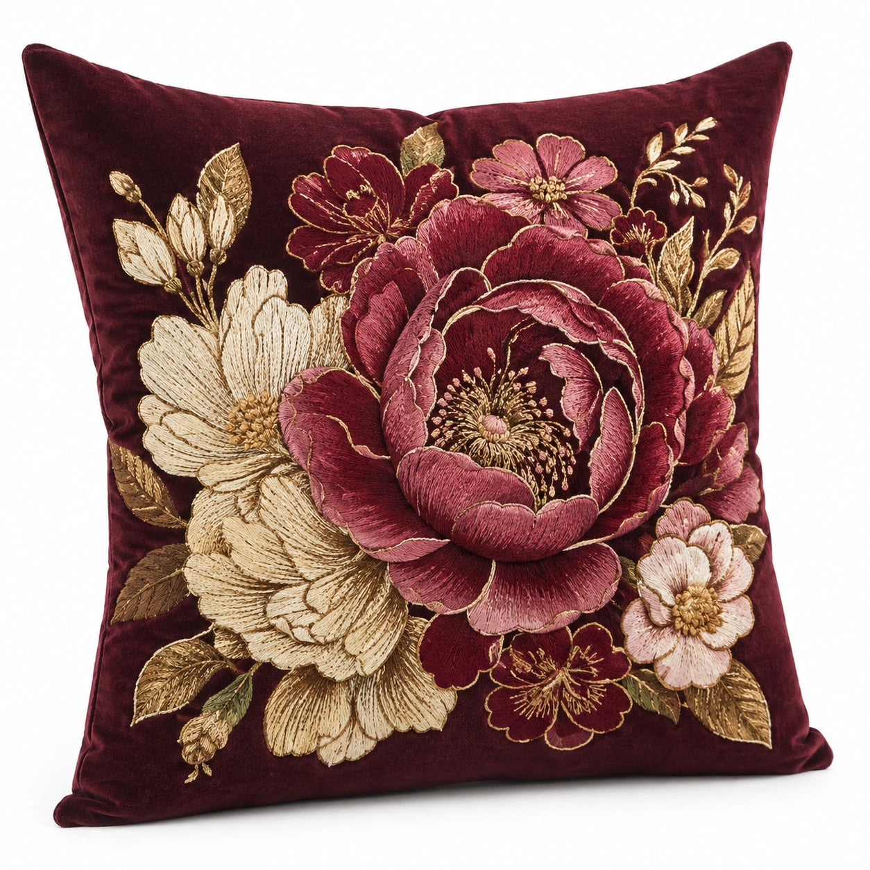 Dekokissen 45 x 45 cm Samt Bordeaux mit Blumenstickerei