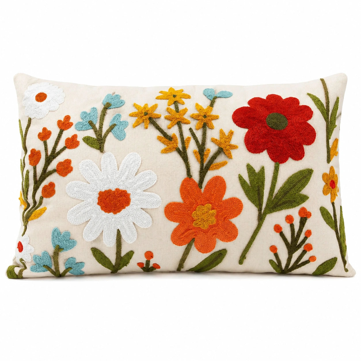 Dekokissen 50 x 35 cm Cremefarben Textil mit Blumenstickerei Boho-Stil
