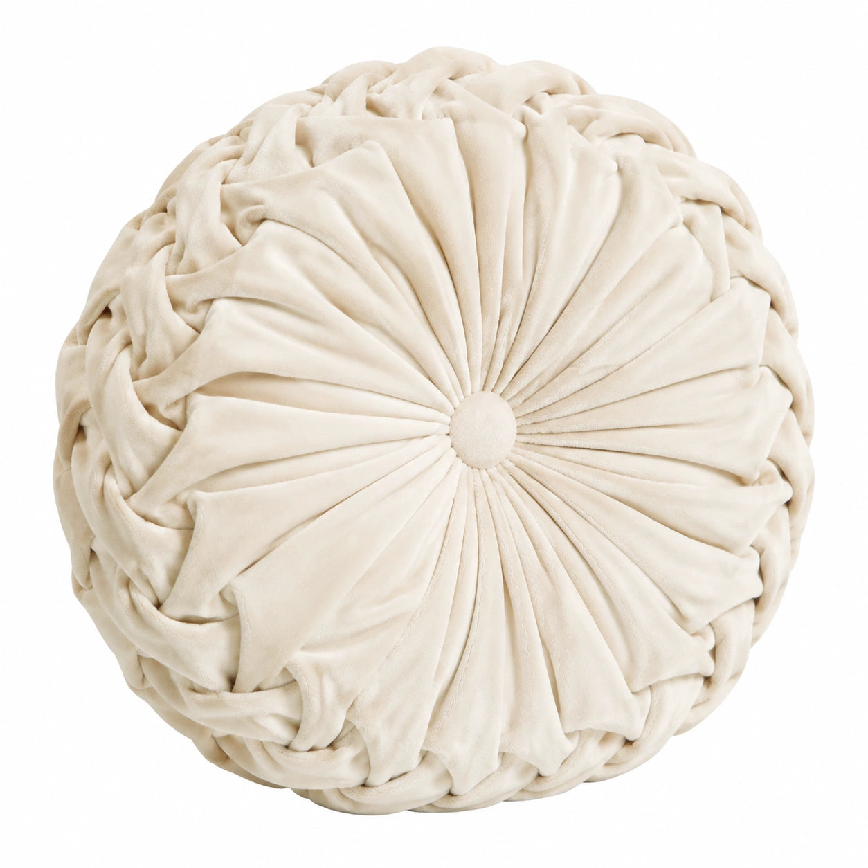 Rundes Zierkissen 45 cm Samt Creme mit Faltenstruktur
