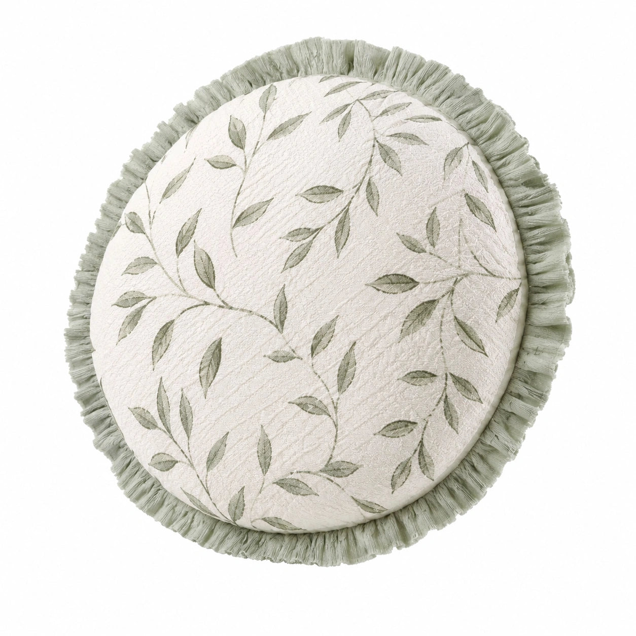 Rundes Dekokissen 45 cm Textil Cremegrün mit Blattmuster und Fransen
