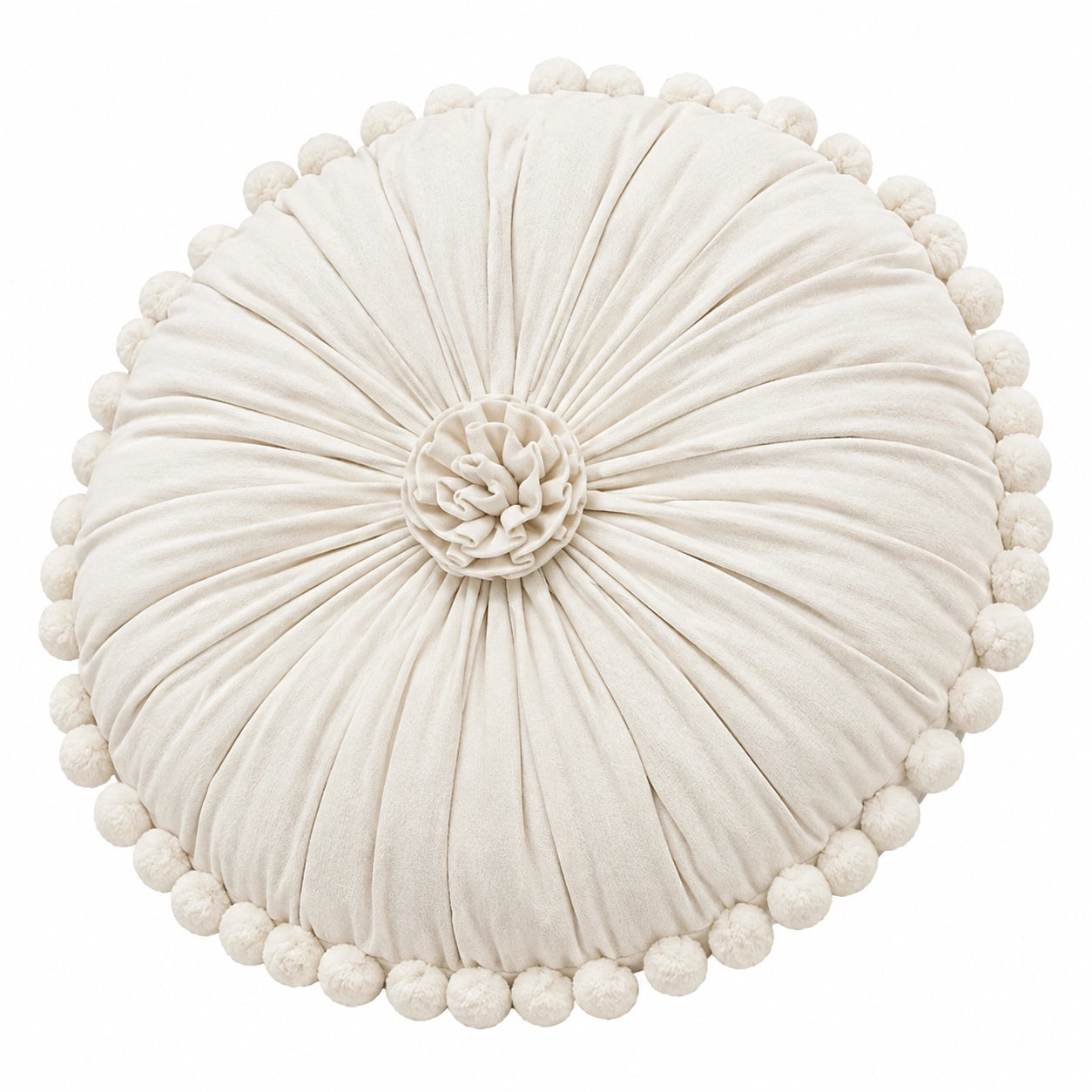 Rundes Zierkissen 45 cm cremefarben mit Stoffbezug und Pomponrand