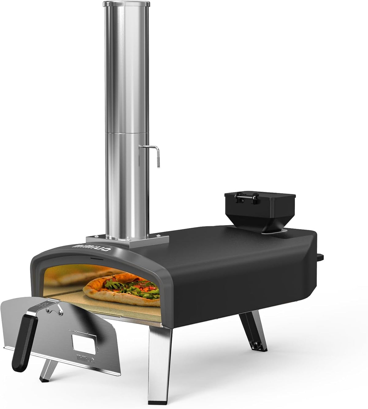 Mimiuo Pizzaofen, 33 cm, Schwarz/Silber, Pellet mit Pizzastein, Tragbarer Outdoor für Pellets, Schwarz