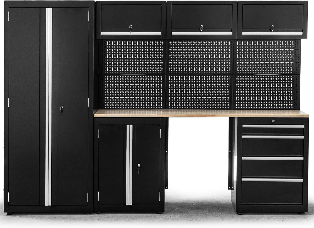 Ondis24 Werkbänke, 260 cm, Schwarz, XL Werkstatt Komplett Set vormontierte Männerküche, Werkzeugschränke, Werkbank mit Schubladen (9 TLG.)