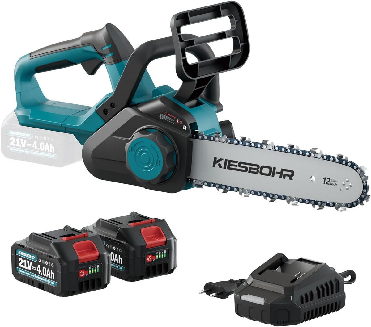 KIESBOHR Kettensäge, 12 Zoll, 30 cm, 21 V, schwarz/blau/silber, Akku, Bürstenlose Elektro Motorsäge mit Automatischer