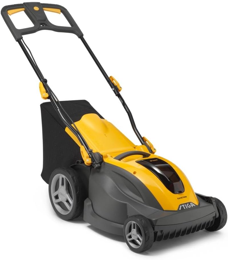 STIGA Rasenmäher, Gelb/Schwarz, Combi 344e Akku- mit Akku, Ladegerät, verstellbare Stange, Softgriff, mit S