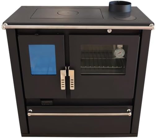 EEK Kaminofen, 7.7 kW, Schwarz/Silber, A+ Holzofen Kochherd Verso Cs Plus Inox mit Leistung, Großem Backfach und Robustem Edelstahldesign