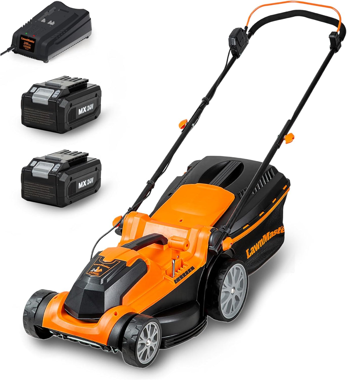 Lawnmaster Rasenmäher, 37 cm, 300m, 72 mm, 24 V, Orange/Schwarz, CLMF2437G Akku- Max 2x4.0 Ah Batterie, ² Mulchen 40 L