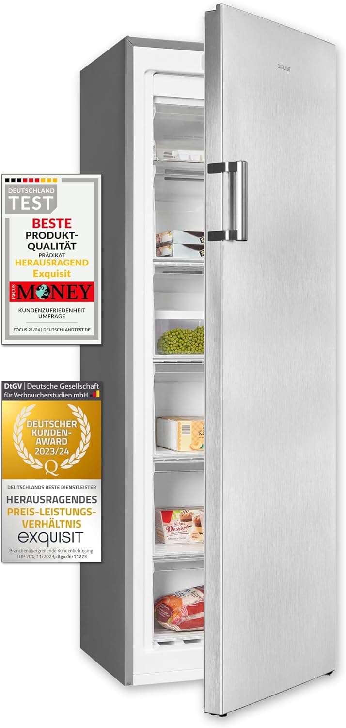 Exquisit Gefrierschrank, 194 l, Silber, GS271-NF-H-010E inoxlook, NoFrost Volumen, Tiefkühlschrank mit 5 Schubladen