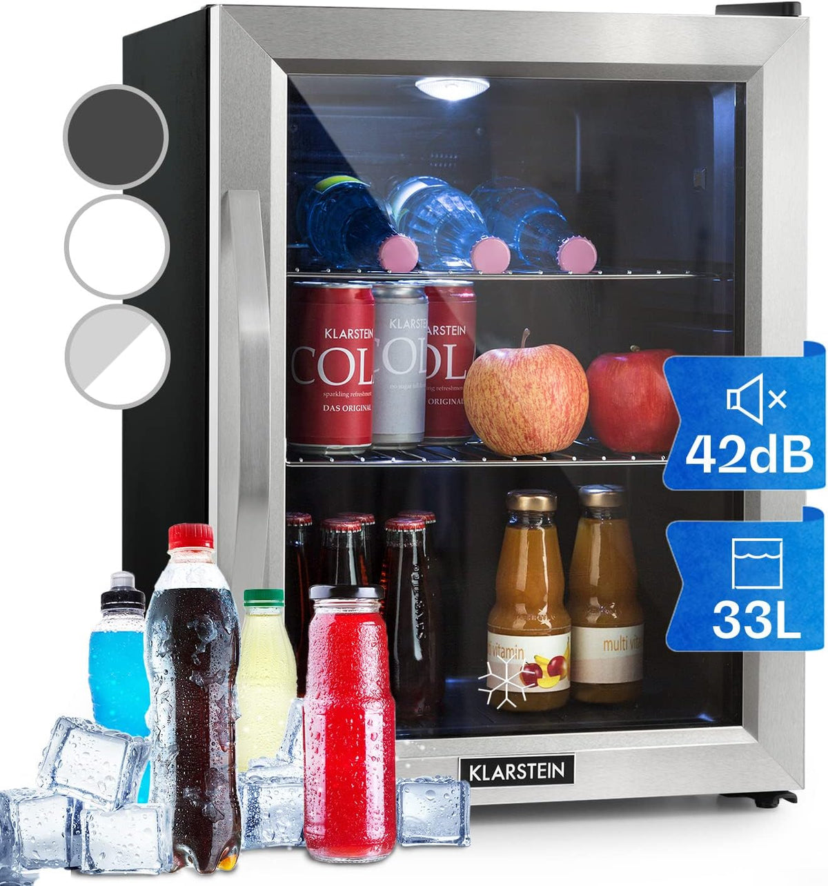 Klarstein Mini-Kühlschrank, 33 Liter, Schwarz/Silber, Mini Kühlschrank mit Glastür, für Zimmer, Getränkekühlschrank Klein mit Verstellbaren Ablagen