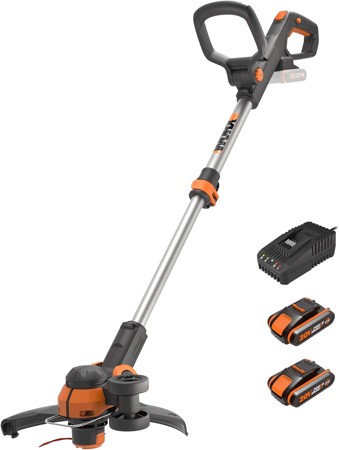 WORX Rasentrimmer, 2,0 Ah, 18 V, 20 V, Schwarz/Orange/Silber, ( MAX) Akku WG163E.3, 2-in-1 rasenkantenschneider mit 90° drehbarer Trimmerkopf