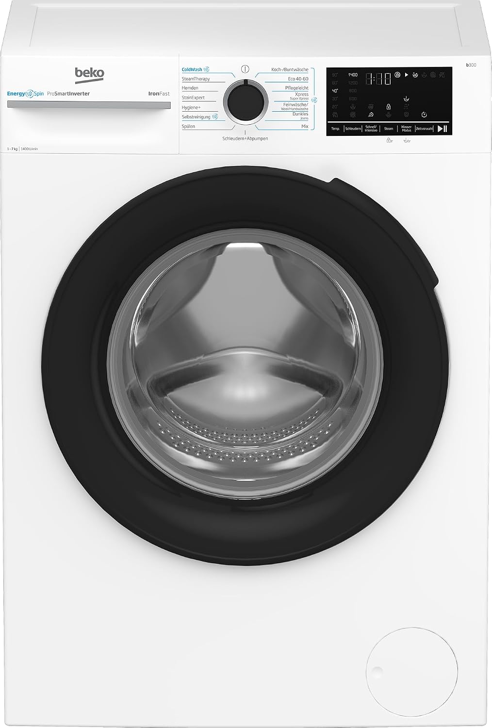 Beko Waschmaschine, 7 kg, Weiß/Schwarz, BM3WFU4741N freistehend, Waschvollautomat, EnergySpin, Schleuderwahl 1400 U/m