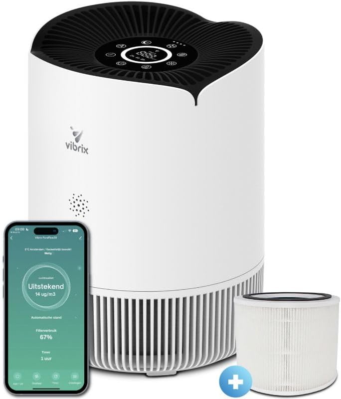 Vibrix Dunstabzugshaube, 50 m, weiß/schwarz, PureFlow30 Luftreiniger mit H13 True HEPA-Filter -, App-Steuerung Ionisator Luftreiniger