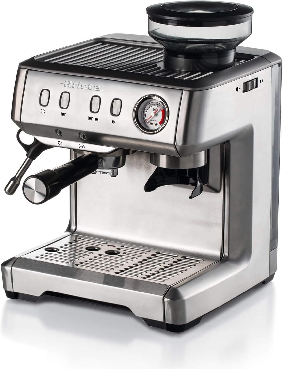 Ariete Kaffeemaschine, 15 Bar, 1600 W, Silber, 1313, mit Manometer, Integrierte Kaffeemühle, Kompatibel mit Kaffeepulver und ESE-Pads