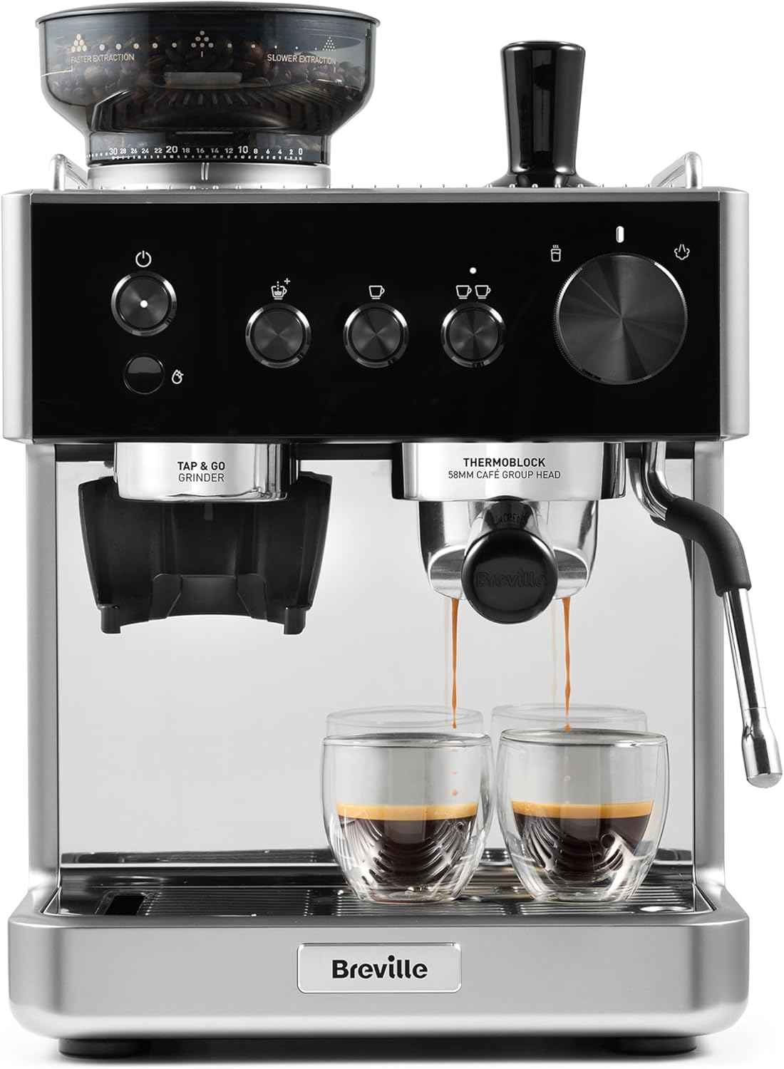 Breville Milchaufschäumer, Schwarz/Silber, Barista-Espressomaschine „Classic', Komplett-Kaffeemaschine mit integrierter Kaffeemühle