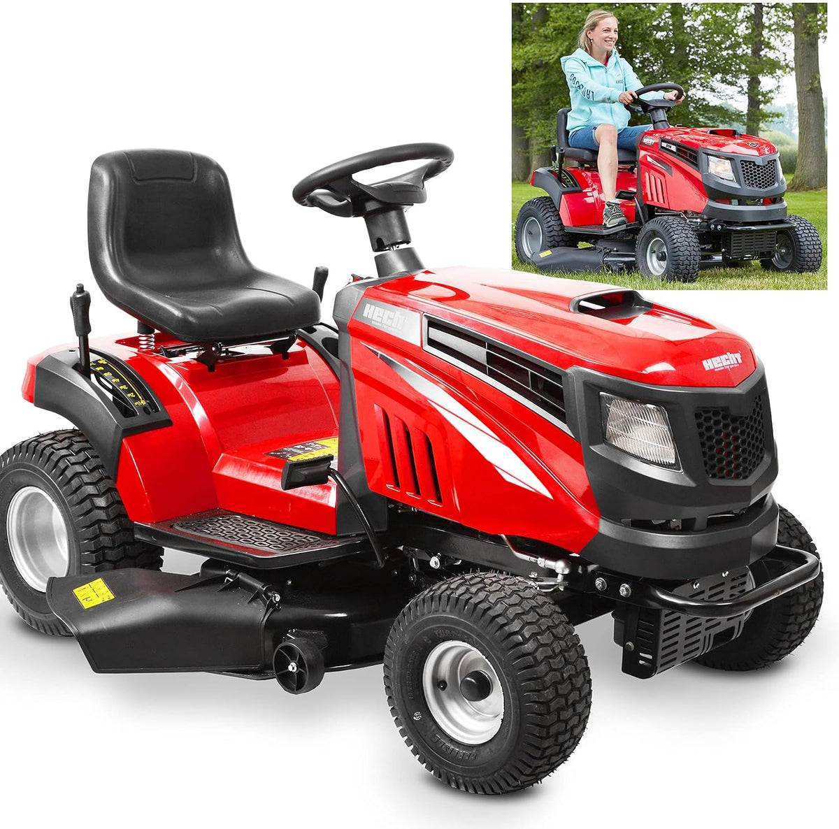 Hecht Rasenmäher, 8,8 kW, 98 cm, Rot/Schwarz, Rasentraktor 12 PS- Mit Seitenauswurf, Benzin Traktor mit Einzylinder 4-Takt-OHV Motor