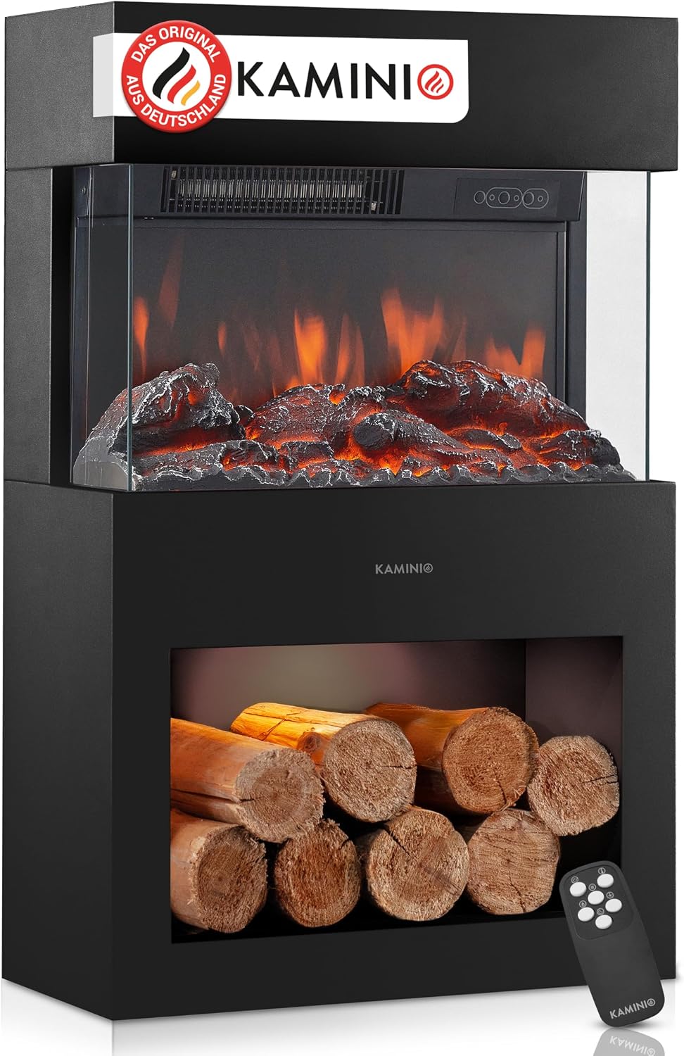 KAMINIO Elektrokamin, Schwarz, Henri - Elektrischer Kaminofen mit Heizung, 3D-Flammeneffekt, Holzfach, LED-Ambientelicht