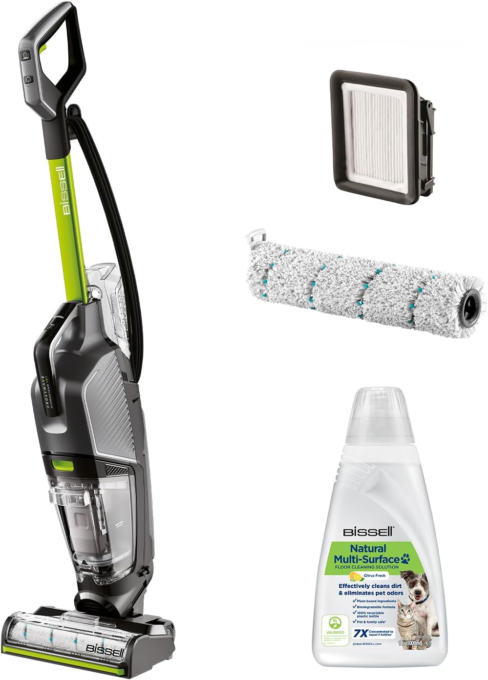 Bissell Staubsauger, Grau/Schwarz/Grün, CrossWave HydroSteam PET, Nass Trockensauger mit Kabel, Saugt, Wischt & Trocknet