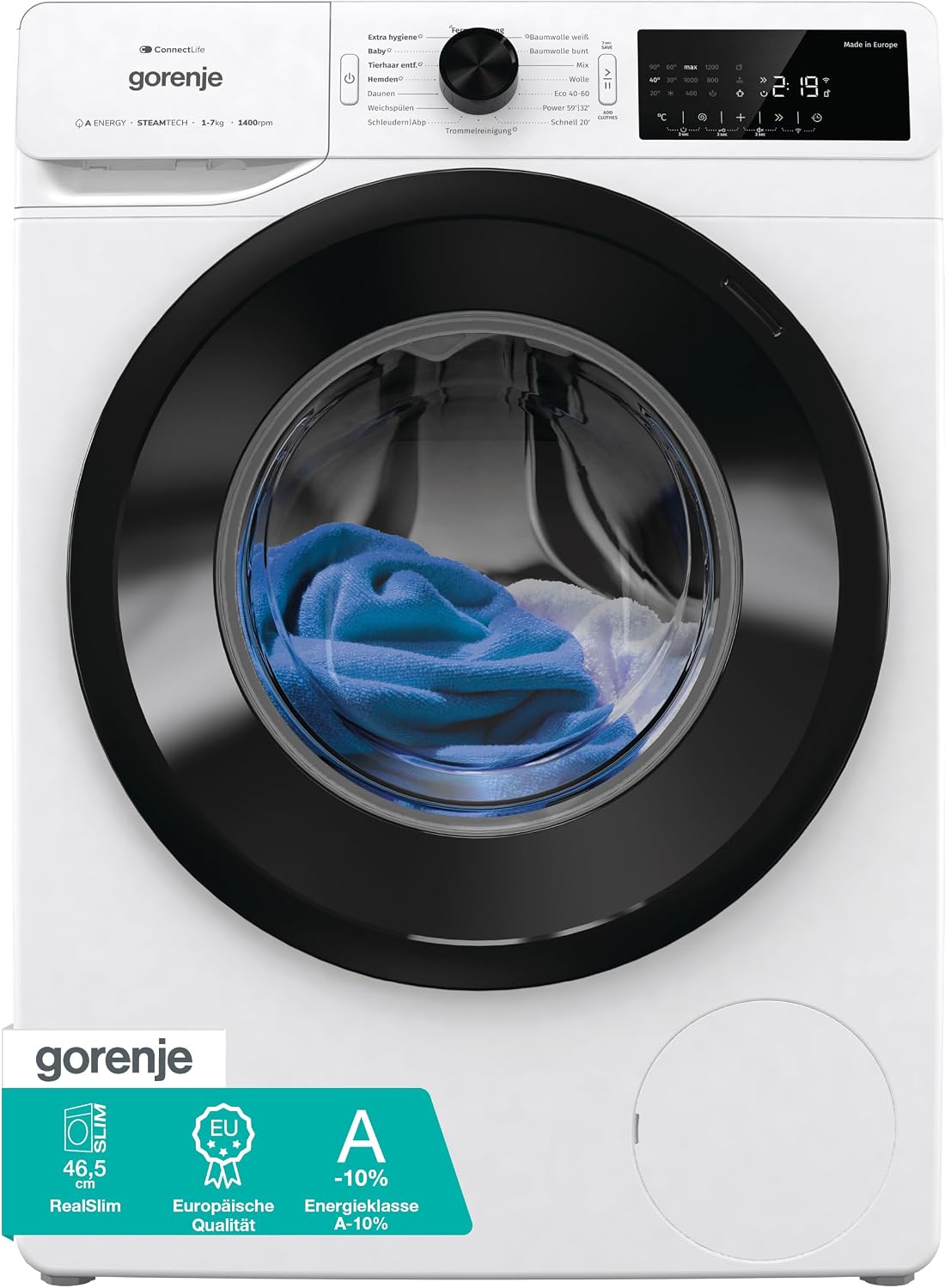 Gorenje Waschmaschine, 7Kg, Weiß/Schwarz, WPAM74SA1T mit Dampffunktion/Slim/ConnectLife / / 1400