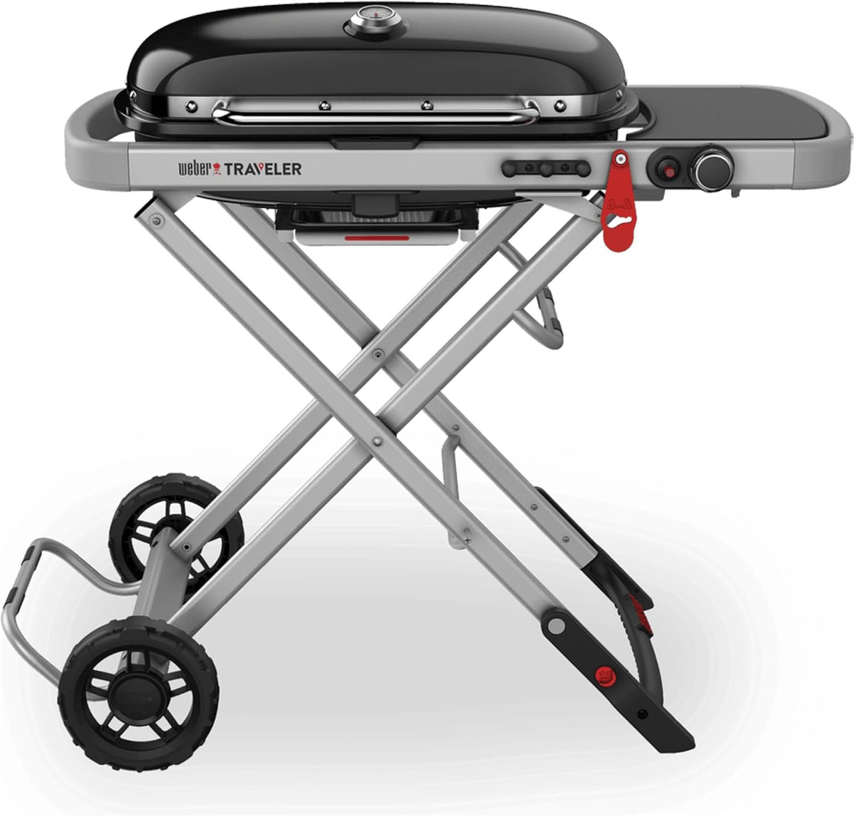 Weber Gasgrill, 2065 cm, 111 cm, schwarz/silber, Traveler /Klappbarer tragbarer mit Rädern, automatischer Deckelverriegelung und integriertem