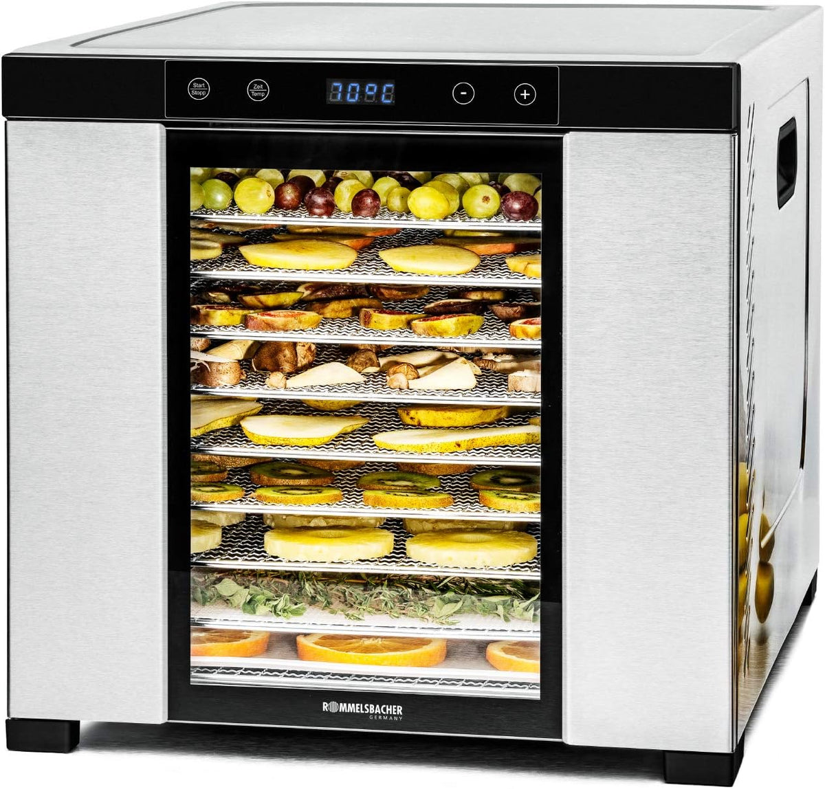 Rommelsbacher Dörrautomaten, 1000 W, 1,6m, Silber/Schwarz, Dörrautomat Edelstahl, XXL-Dörrfläche ², 10 Tabletts