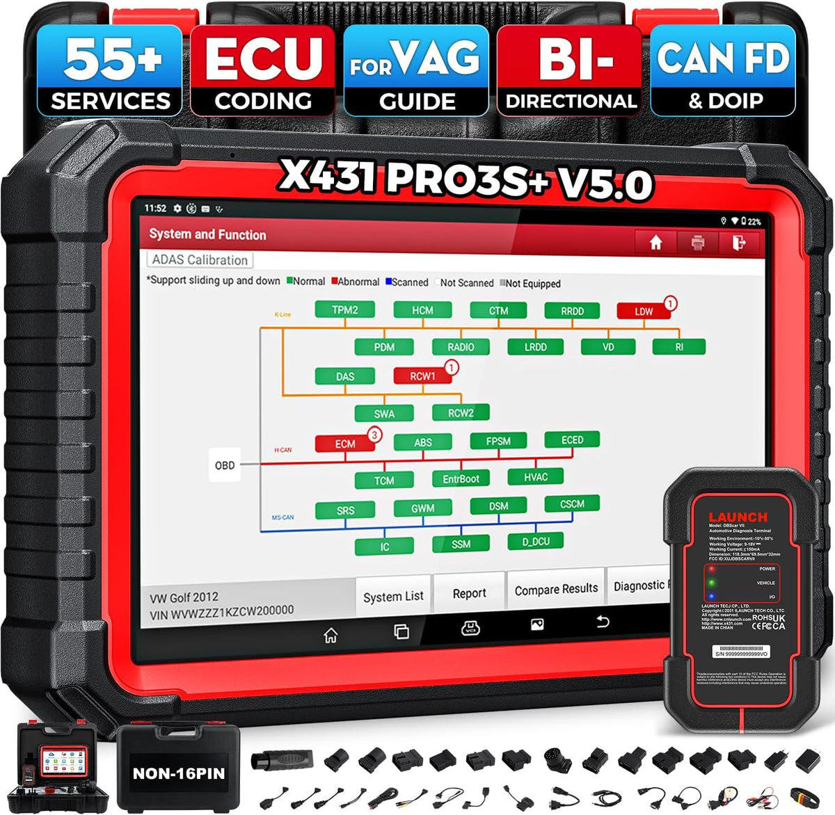 LAUNCH OBD-II Diagnosewerkzeuge, Schwarz/Rot, X431 PRO3S+ V5.0 OBD2 Diagnosegerät OE-Level voll System, Bidirektionaler Steuerung