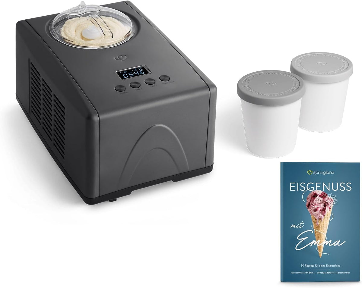 Springlane Kitchen Eismaschine, 1,5 L, 150 W, Anthrazit/Grau, Emma mit selbstkühlendem Kompressor, aus Edelstahl mit entnehmbarem Eisbehälter