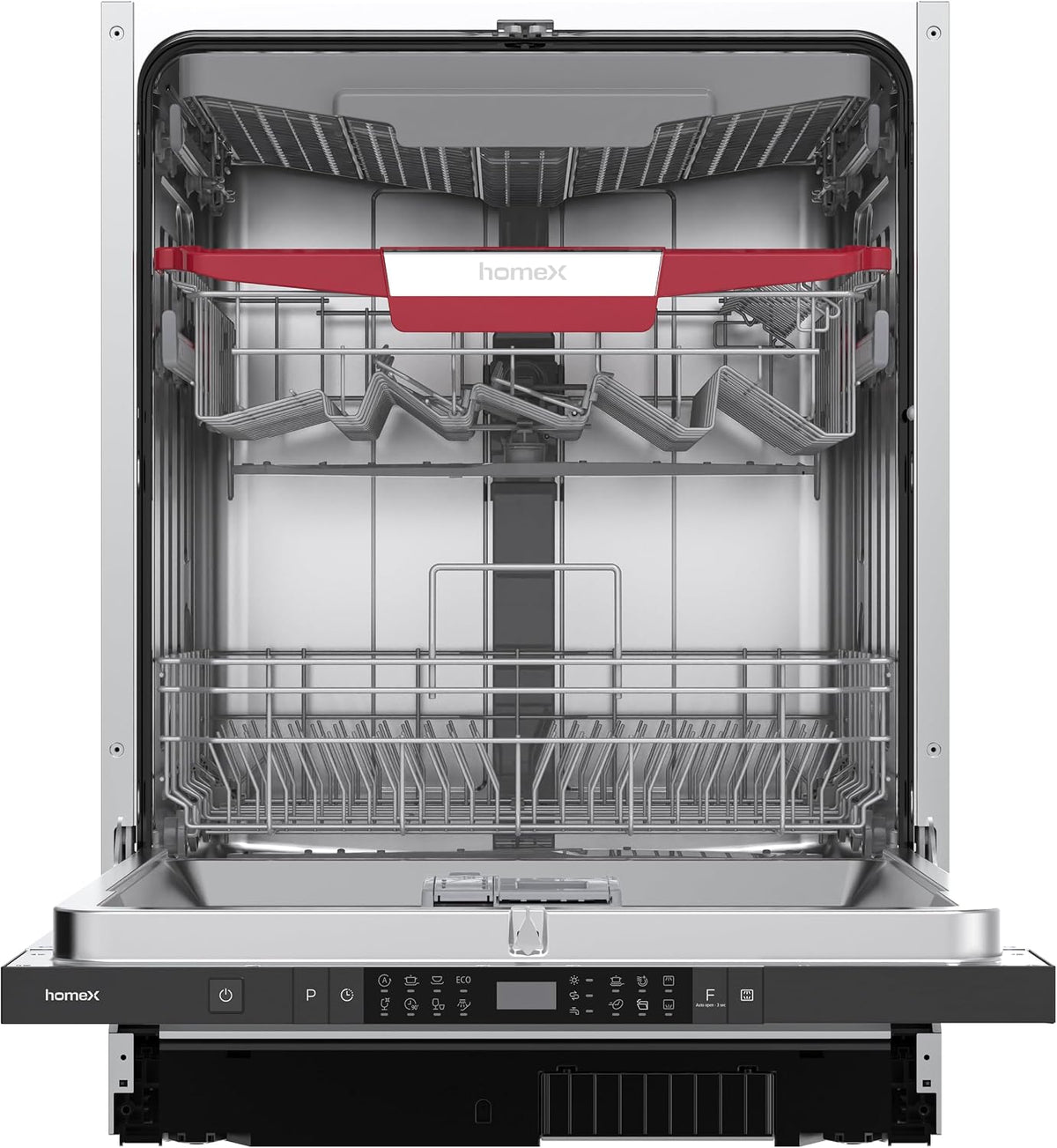 homeX Geschirrspüler, 60 cm, 44 dB, Silber/Rot, Spülmaschine vollintegrierbar - 14 Maßgedecke, 8 Programme, AquaStop
