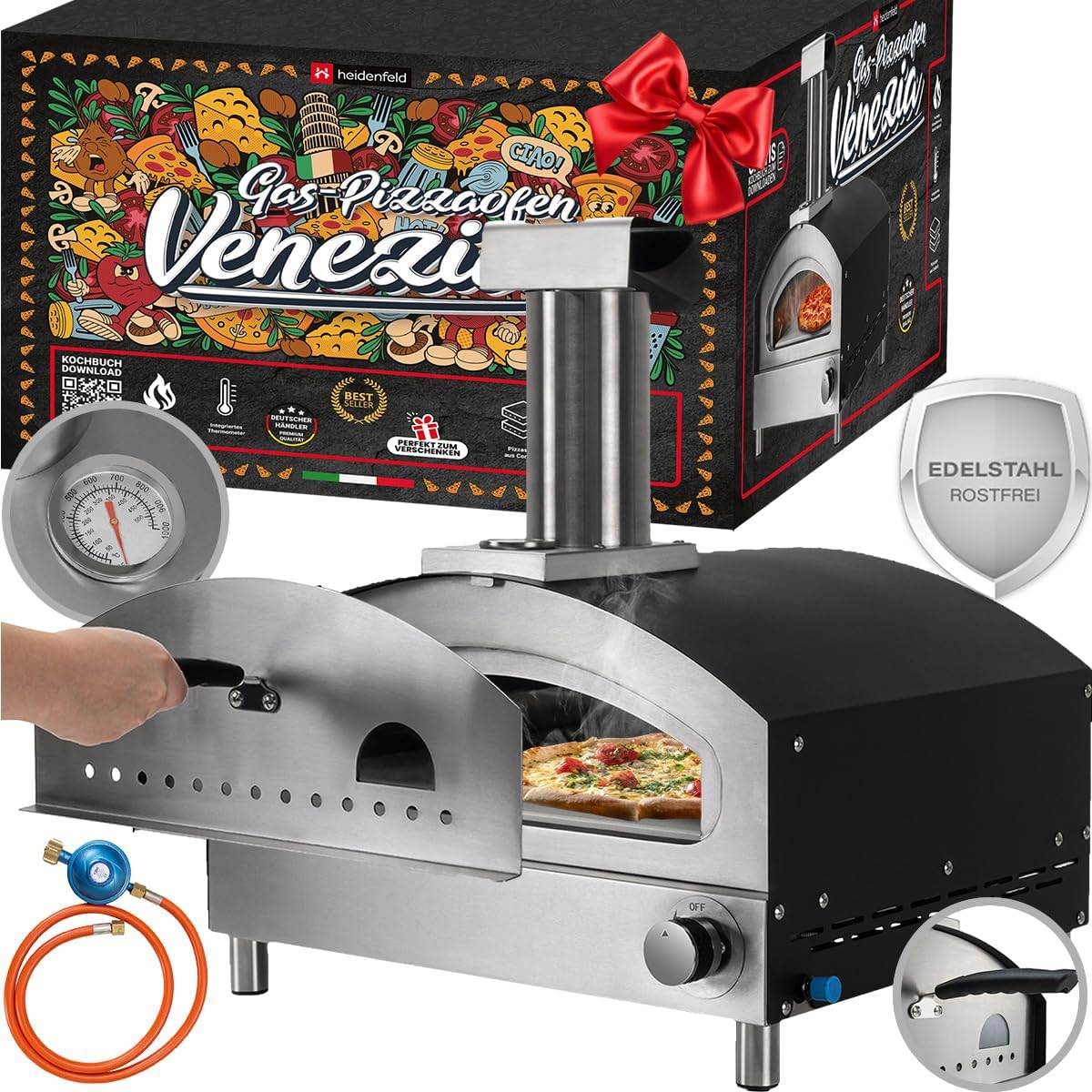 heidenfeld Pizzaofen, Silber/Schwarz, Gas Venezia, Gasofen - 500°C - Pizza Ofen - Pizzamaker - Edelstahl