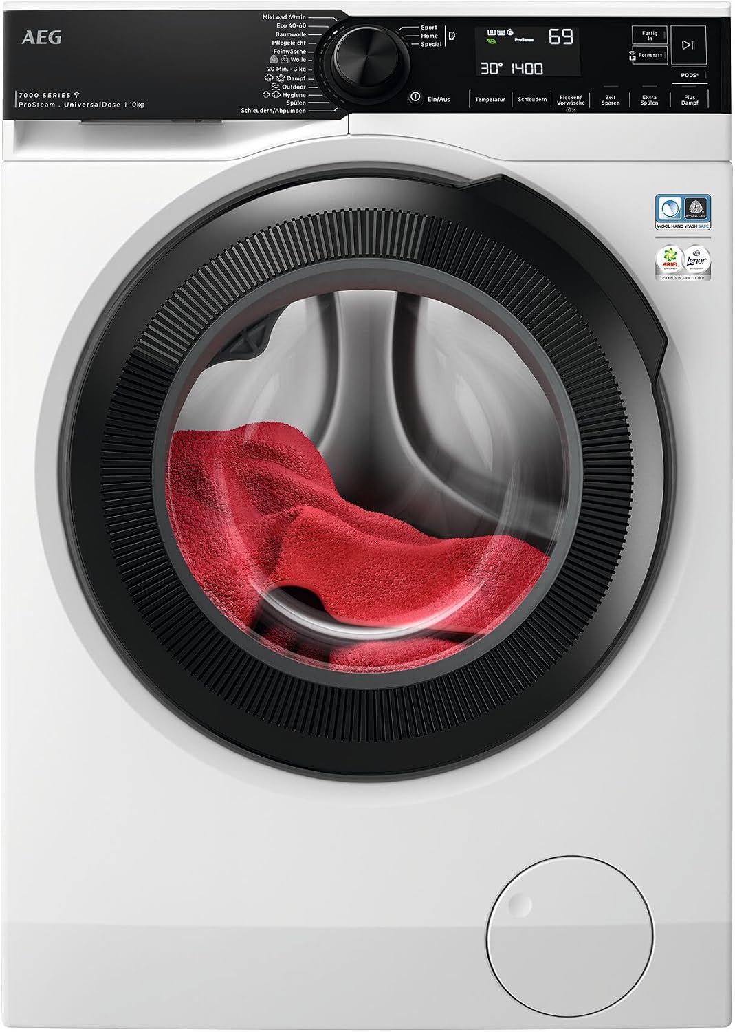 AEG Waschmaschine, 10 kg, Weiß/Schwarz, Serie 7000 ProSteam: Auffrischfunktion mit Dampf statt, Leise, Mengenautomatik