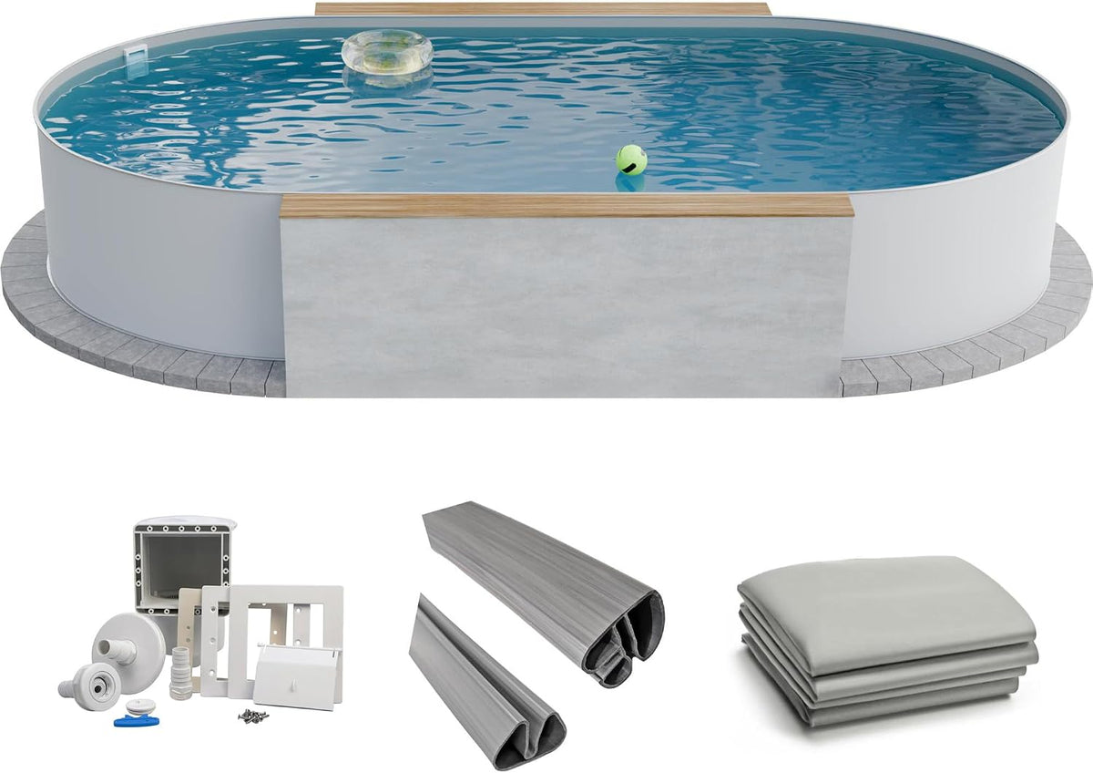 Fresh-Pool Stahlrahmenpool, 525x320x120 cm, 0,6 mm, 0,8 mm, Weiß/Grau, Profi Stahlwand Set oval, Stahl weiß, Folie grau