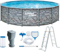 Summer Waves Stahlrahmenpool, 427x107 cm, Grau/Blau, Frame Pool Komplettset, Rund Steinoptik Grau, Aufstellpool Set