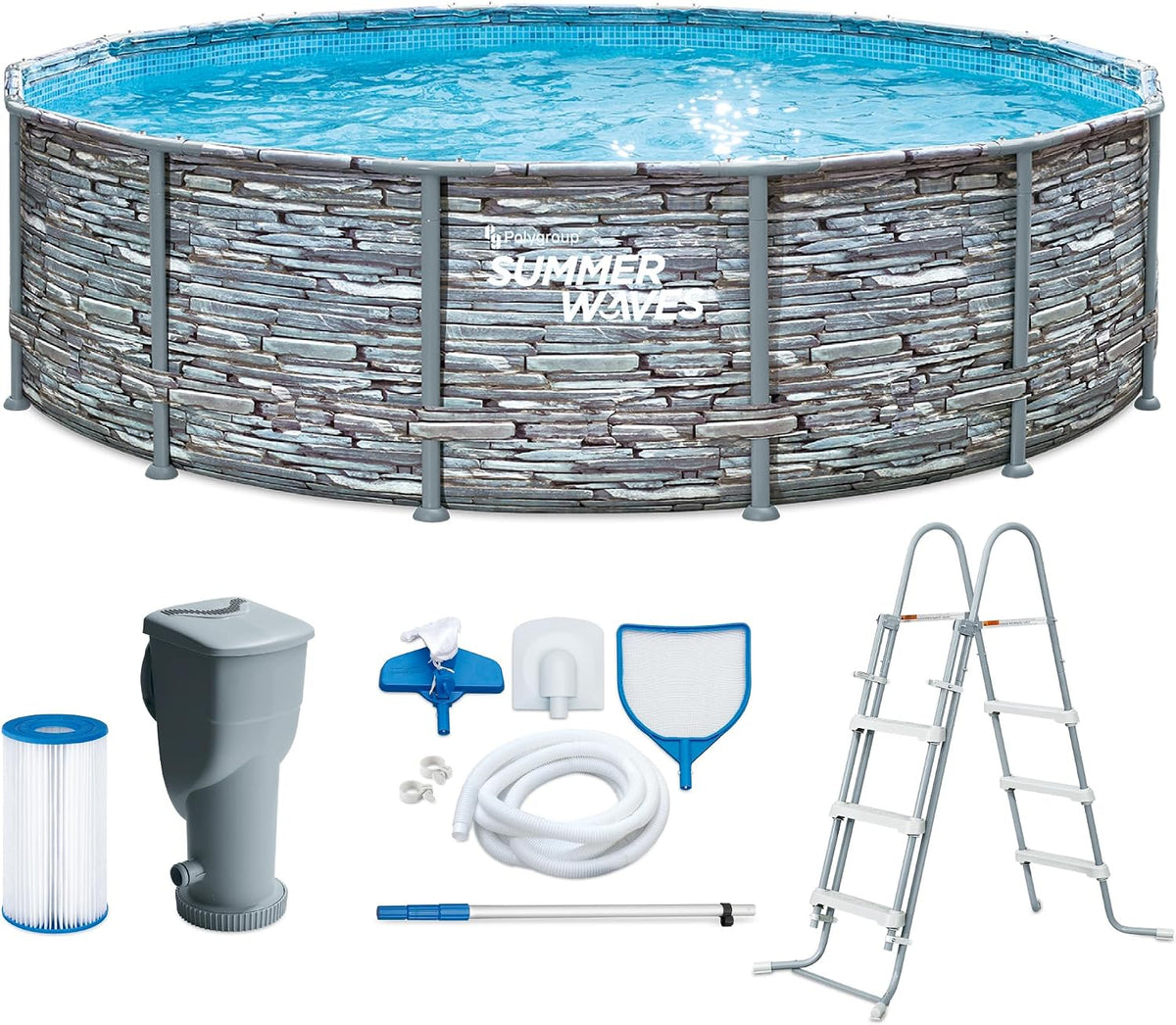 Summer Waves Stahlrahmenpool, 427x107 cm, Grau/Blau, Frame Pool Komplettset, Rund Steinoptik Grau, Aufstellpool Set