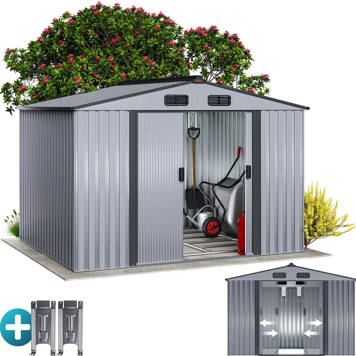 Gerätehaus Gardebruk, 260x205x180 cm, 5m, 9m, Grau, ® XXL Metall ² mit Fundament Schiebetür Metallic