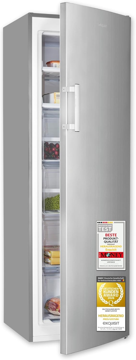 Exquisit Gefrierschrank, 204 l, 39 dB, Silber, Nutzinhalt, Energieklasse E, 222 kWh/Jahr, 4-Sternefach, No Frost Gefrieren