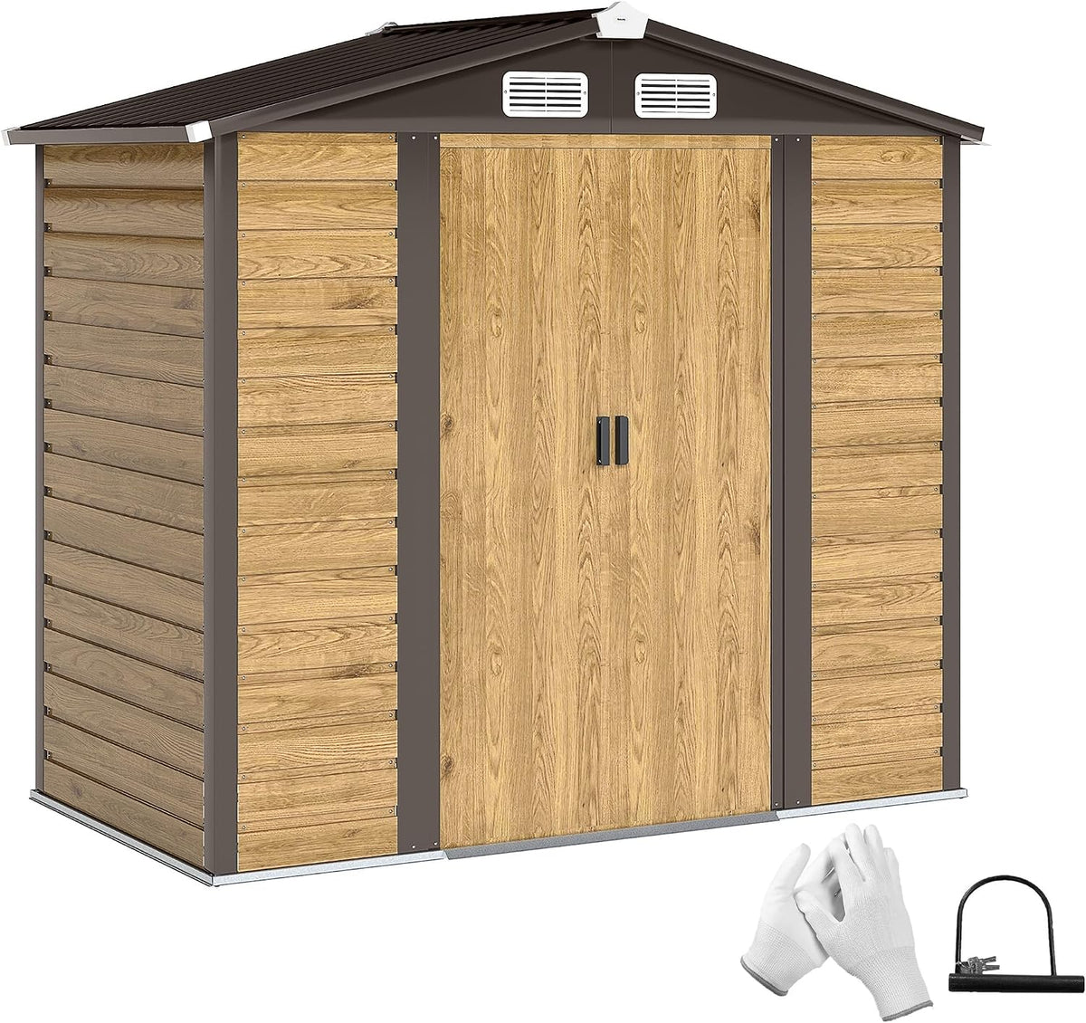 Outsunny Gerätehaus, 213x120x194 cm, 2,36 m, Eiche/Braun, Metall ², Outdoor-Gartenhaus aus verzinktem Stahl einfach zu montieren