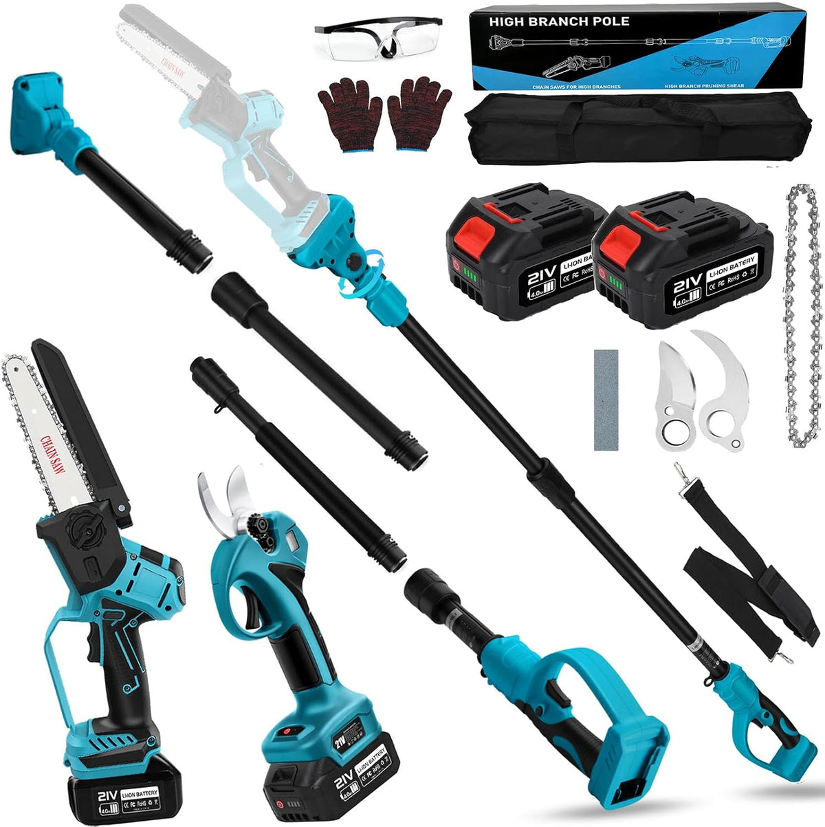 panthem Kettensäge, 6 Zoll, 45 mm, blau/schwarz, 4 in 1 Akku Hochentaster Mini mit Akku und ladegerät