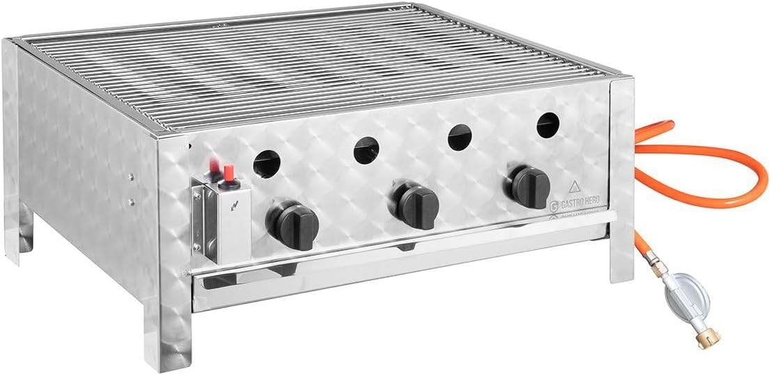 GastroHero Bräter & Grills, 270 mm, 10 kW, Silber, Tischbräter TBG3-T, Edelstahl Gasbräter 3-flammig, Profi Gastro Kombibräter mit 3 Brennern