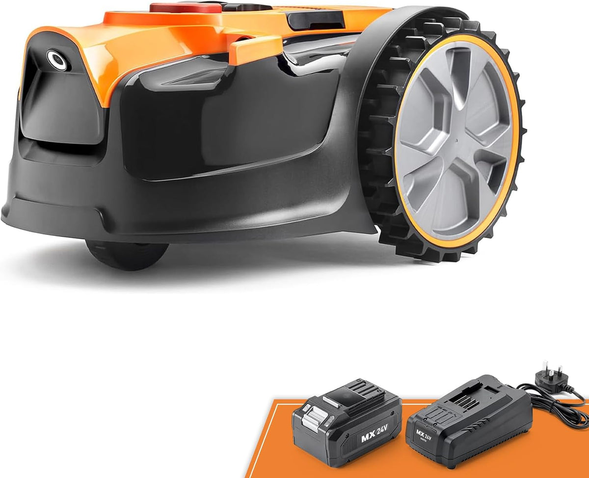 Lawnmaster Mähroboter, 2 Ah, Orange/Schwarz/Silber, OcuMow® kabellos 80 ㎡ Rasenmäher Roboter mit Akku