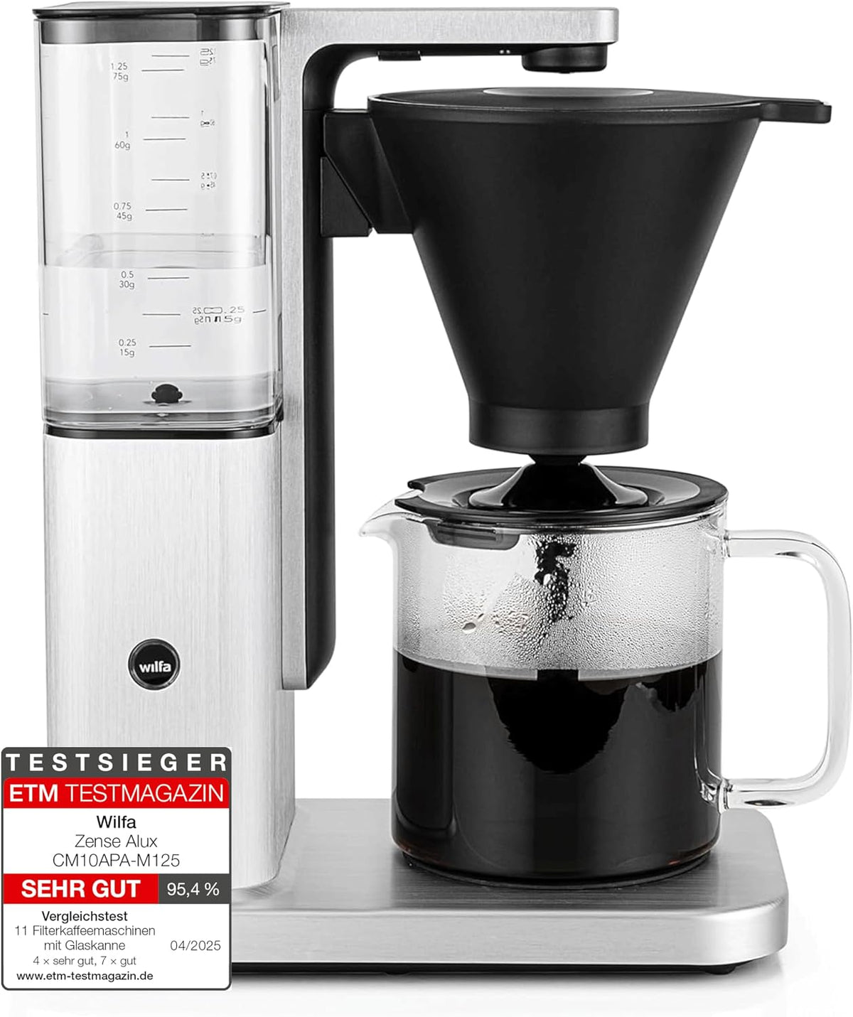 Wilfa Kaffeemaschine, 1,25 L, Schwarz/Edelstahl, Zense Alux Filter - abnehmbarer Wassertank