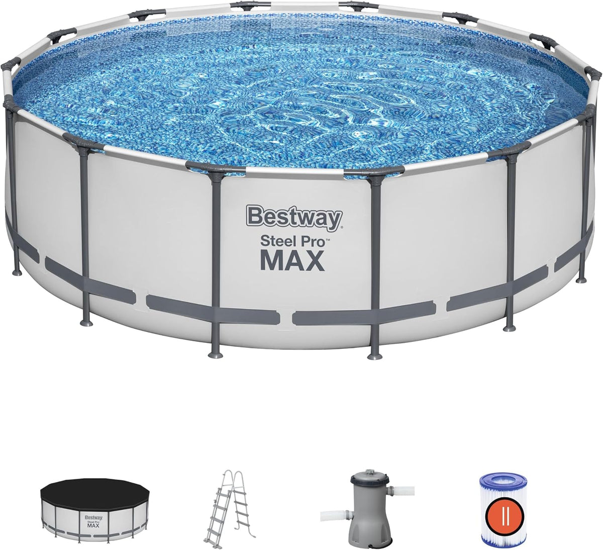 Bestway Matratze, 427 x 122 cm, 3.028 L, Blau/Grau, 5612X Abnehmbarer Pool Steel Pro Max, mit Kartusche /H Abdeckung und Leiter