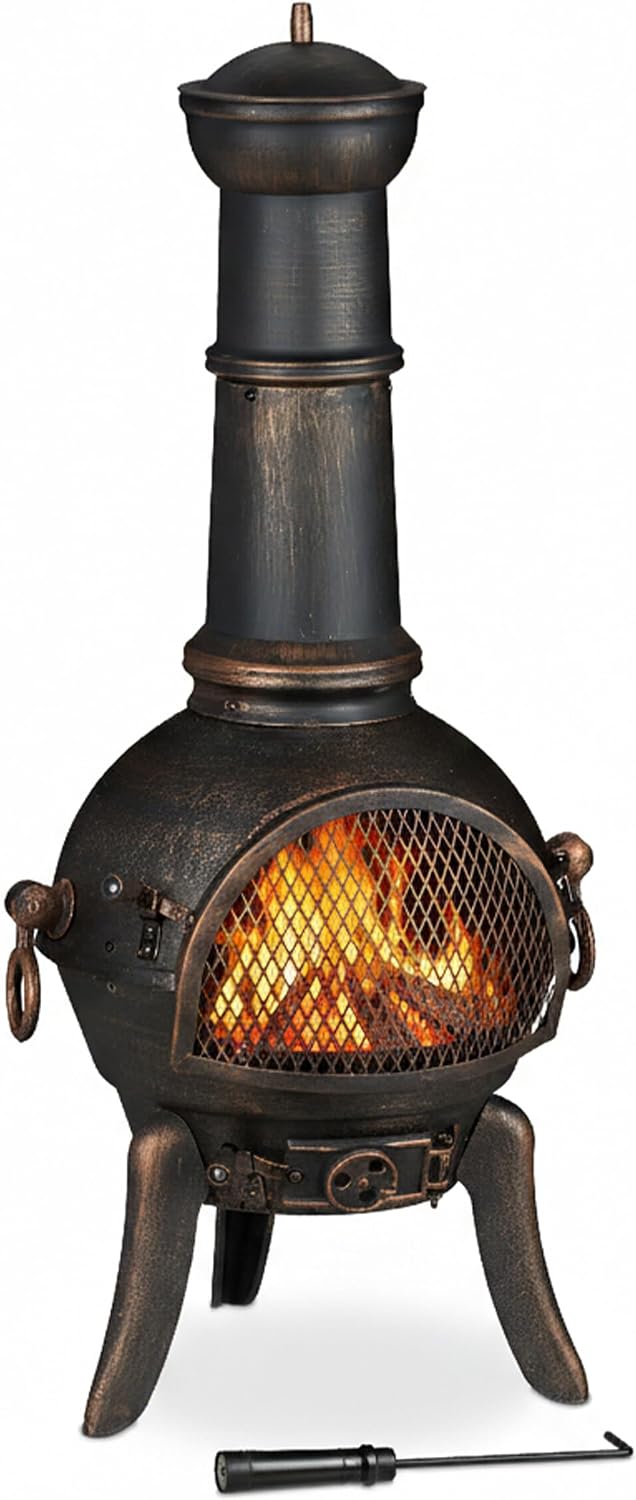 Relaxdays Kaminofen, Traditioneller Aztekenofen in mexikanischem Stil aus Gusseisen und Stahl - Stabiler Stand, Bronze