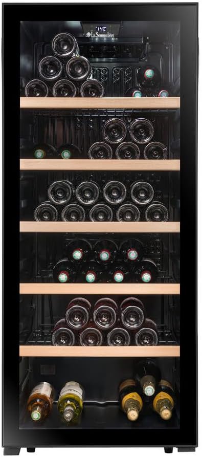 La Sommeliere Weinkühlschrank, Schwarz, LS117BLACK, 121 Flaschen, Temperier-Servier-Weinschrank, Glastür aus UV-un durchlässigem Glas