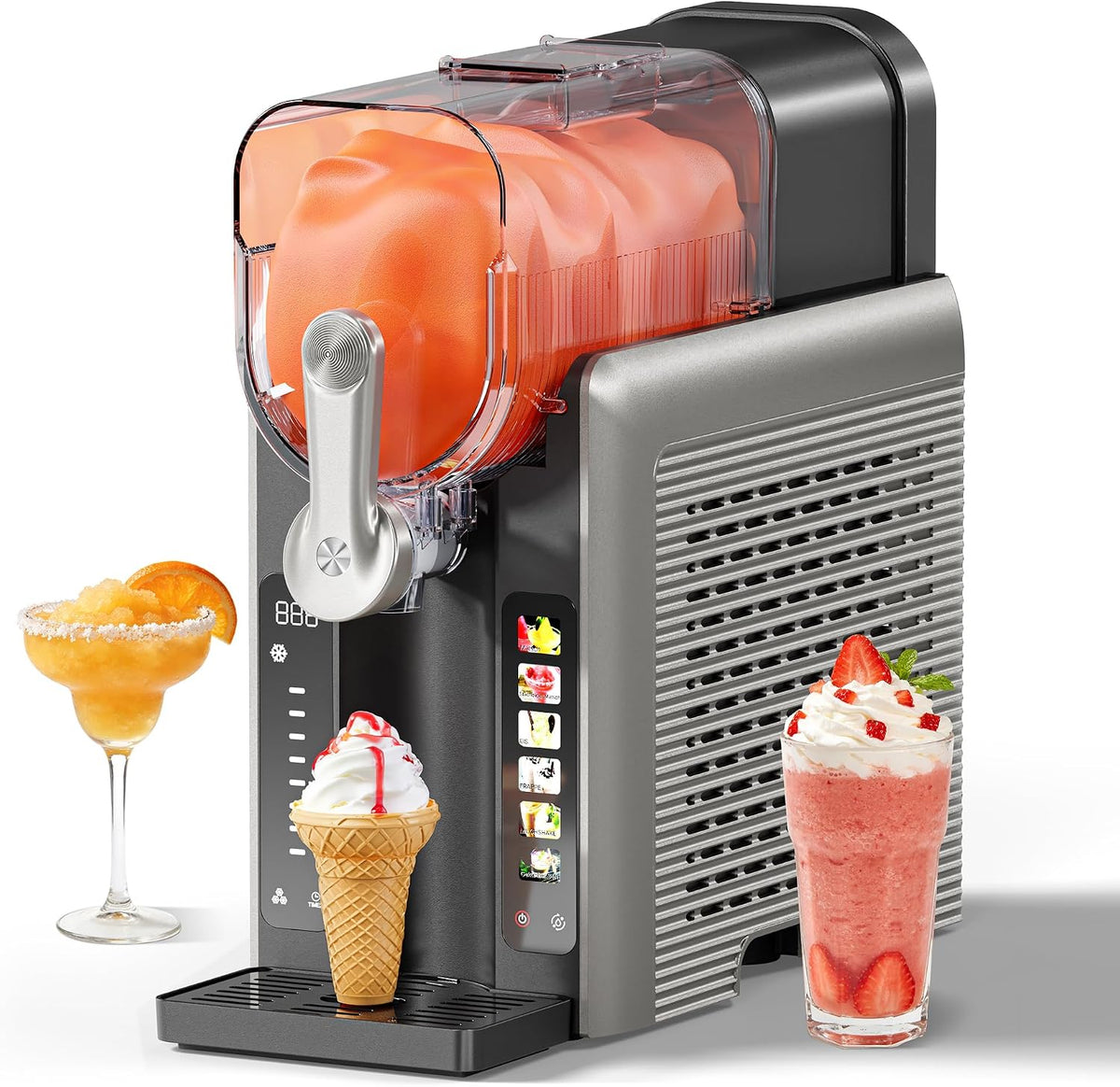 Initio Eismaschine, 2,6 L, Grau, Slush Maschine mit 6 Modi, Slush für Slushi, Eiscreme, Eis-Cocktails, Eiskaffee