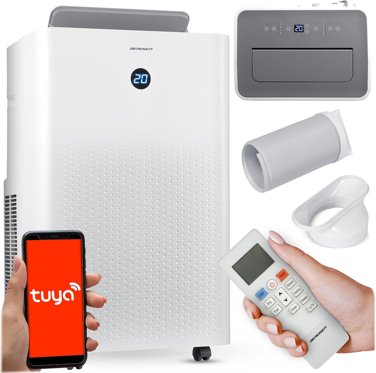 Berdsen Klimaanlage, Weiß/Grau, Mobiles Klimagerät 5-in-1-14000 BTU - Kühlung, Heizung, Entfeuchtung, Ventilation