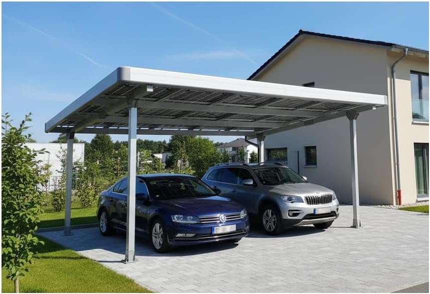 AMBIENTE HOME Garten,Gartenhäuser & Aufbewahrung,Carports, Silber, Doppelcarport Carport für 2 Autos inkl. 15 Solarmodule
