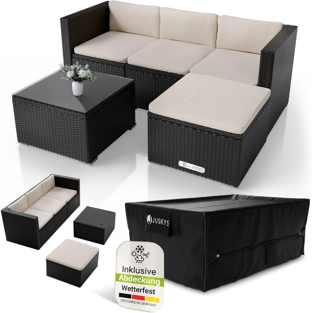 Sofa Juskys, Schwarz/Creme, ® Polyrattan Lounge Punta Cana M inkl. Abdeckung für 3-4, Sessel, Tisch & Kissen, Sitzgruppe für Garten