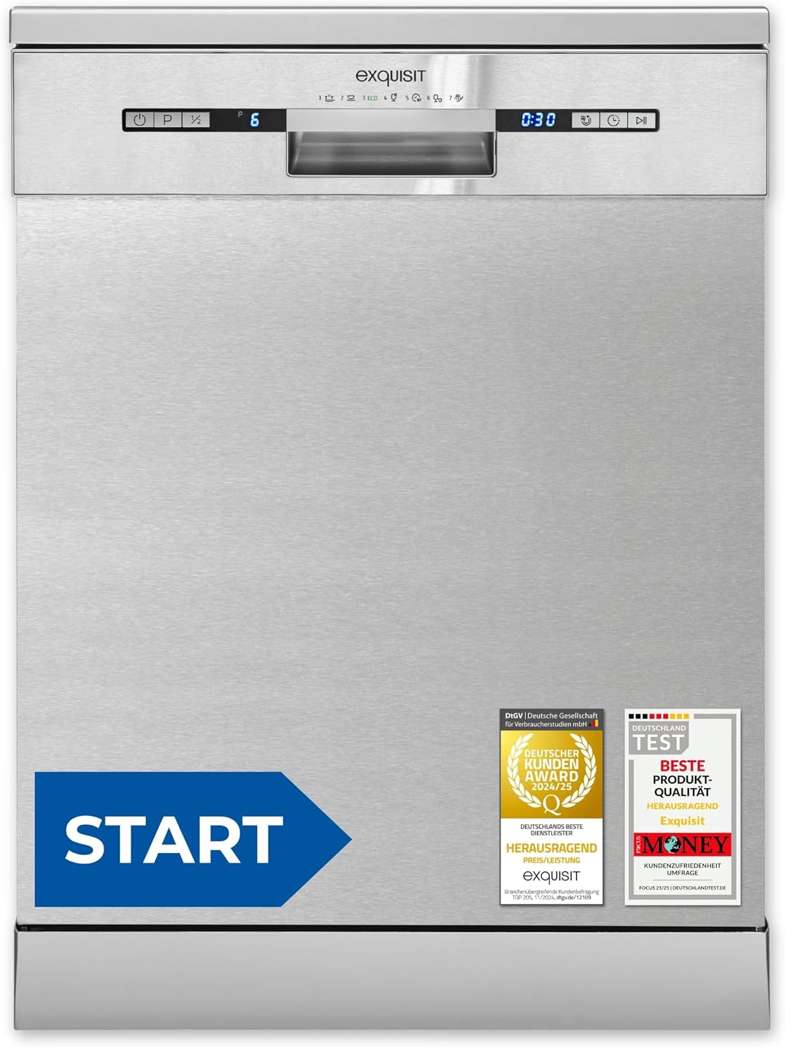 Exquisit Geschirrspüler, 11 Liter, 60 cm, Silber, START, 13 Maßgedecke, Unterbaufähig, Startzeitvorwahl, Restlaufanzeige