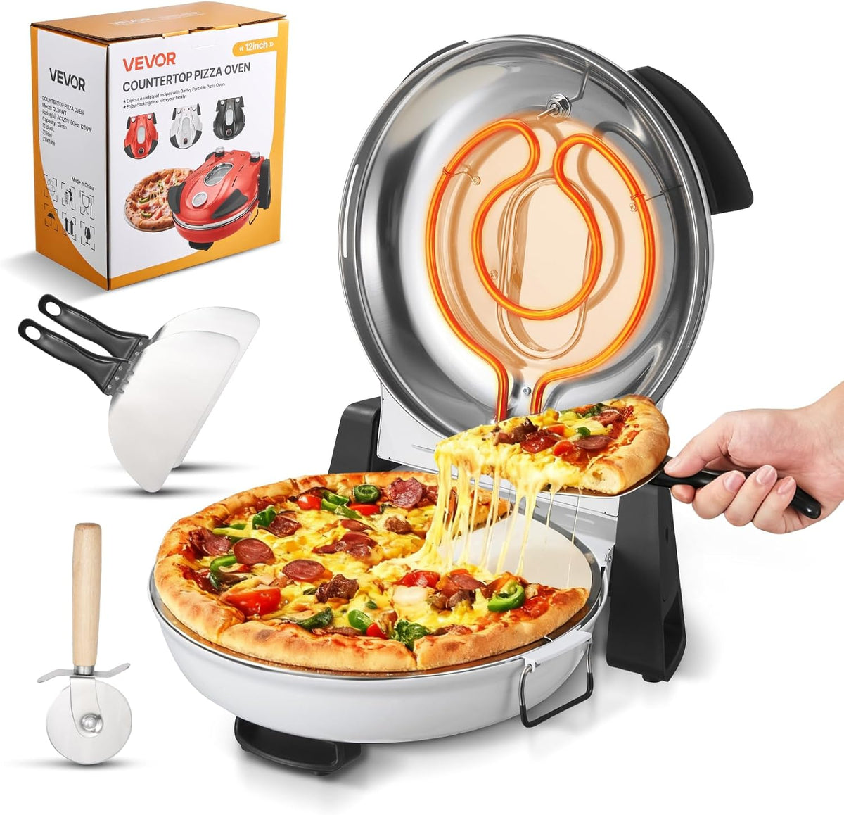 VEVOR QL36WT Pizzaofen, 1200 Watt, 12 Zoll, QL36WT, Rot/Schwarz, 1200 W elektrischer mit Cordieritstein, 5-stufige Temperaturregelung